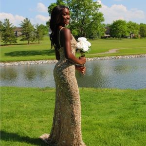 Sherri Hill Gold Fitted Beaded Gown